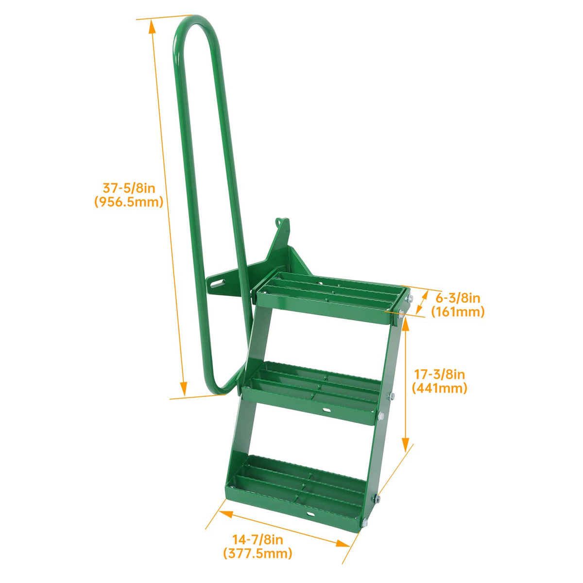 Green tractor step extension kit with tall U-shaped handle and stacked grated steps