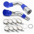 Intercooler pipe boot set with blue silicone couplers, stainless pipes, and metal clamps