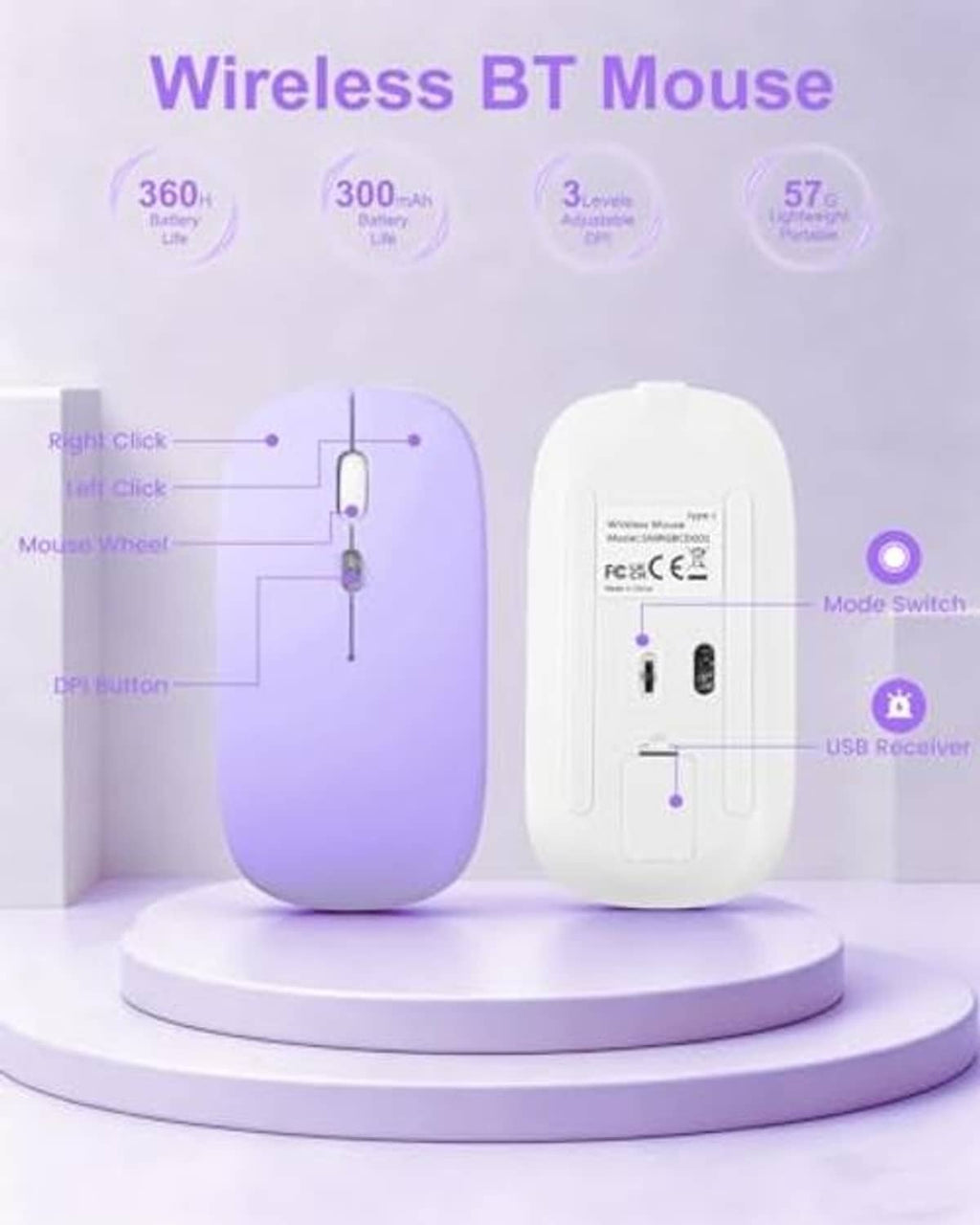 Purple-and-white wireless Bluetooth mouse with USB receiver