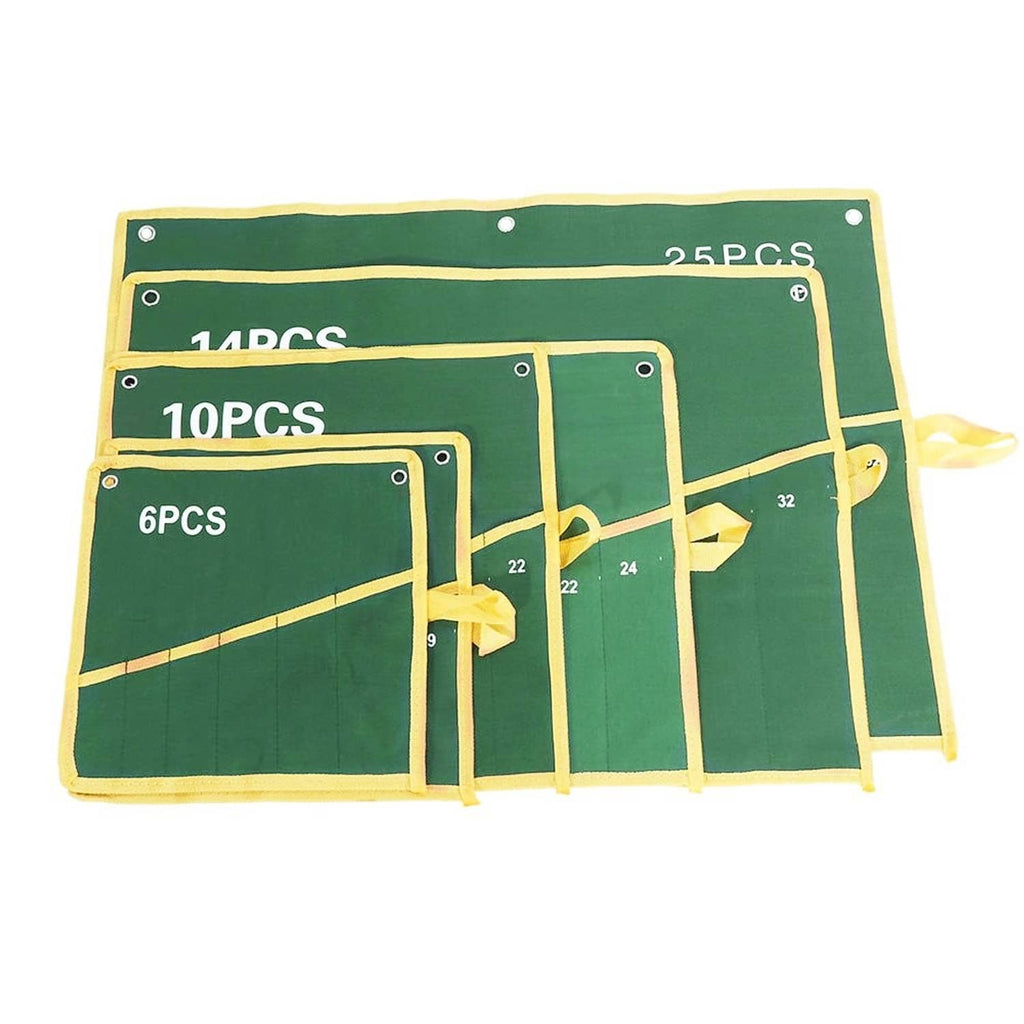 Set of green roll-up tool pouch sleeves with yellow edges, labeled 6PCS,10PCS,14PCS