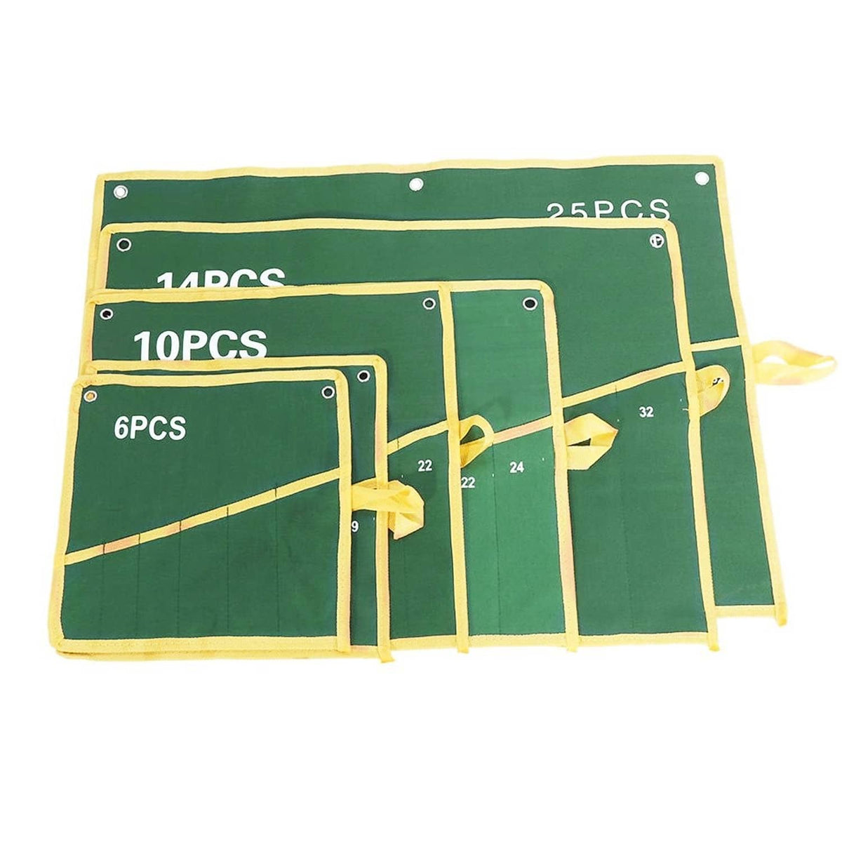 Set of green roll-up tool pouch sleeves with yellow edges, labeled 6PCS,10PCS,14PCS
