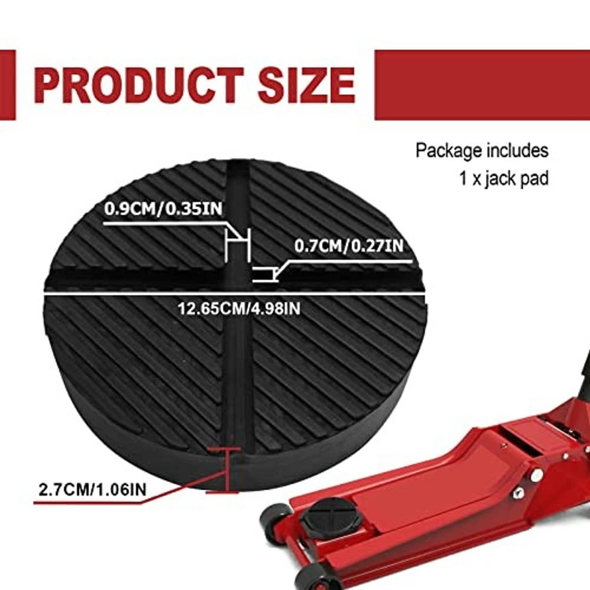 Round black rubber jack pad with cross-slit pattern and product size markings.