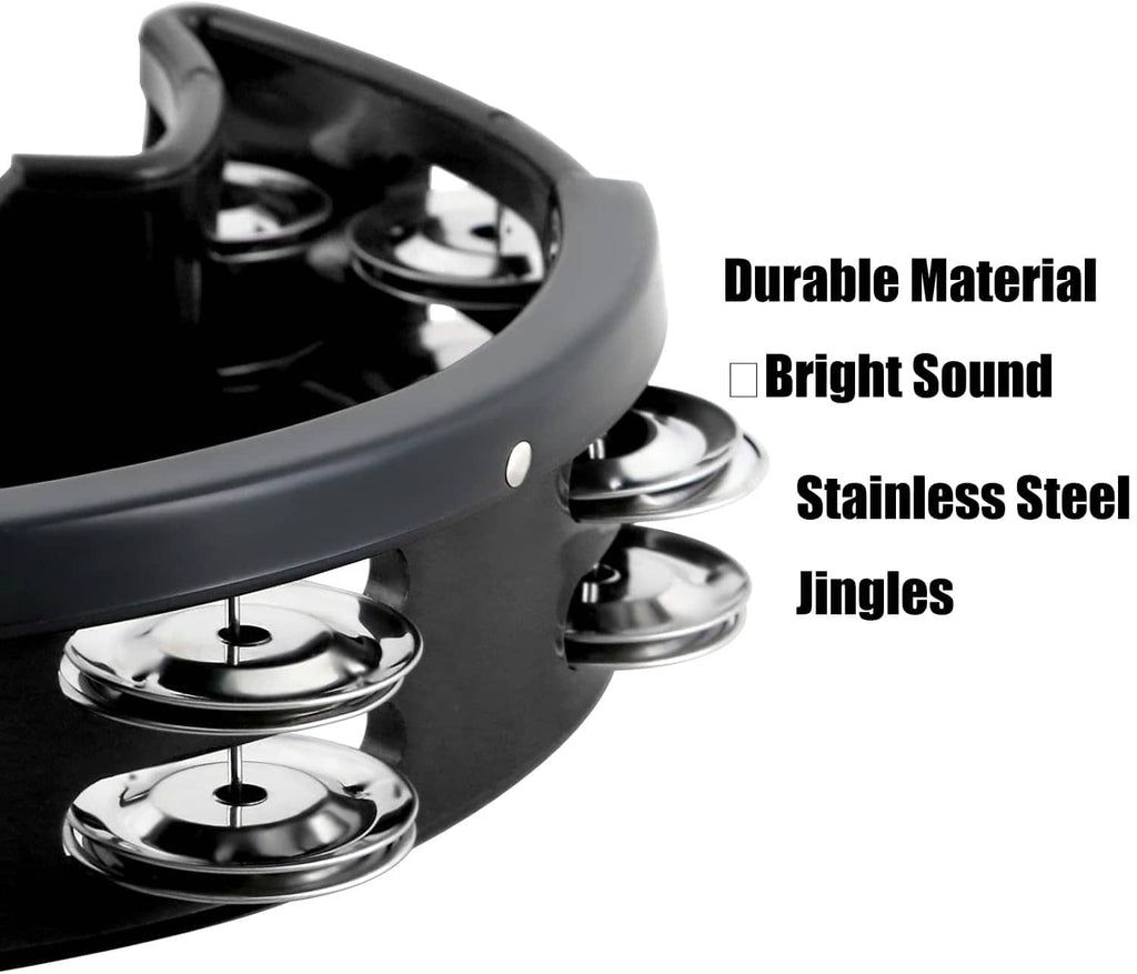 Close-up of black tambourine with shiny chrome jingles