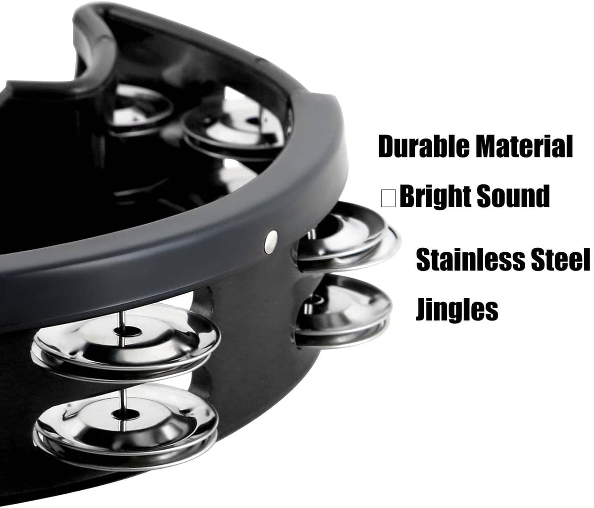 Close-up of black tambourine with shiny chrome jingles