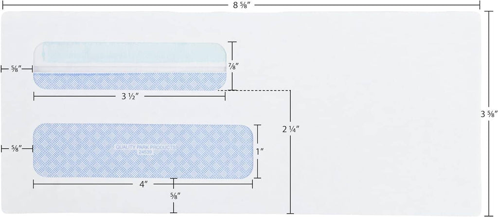 Measurements diagram for security envelope with double window and blue panels