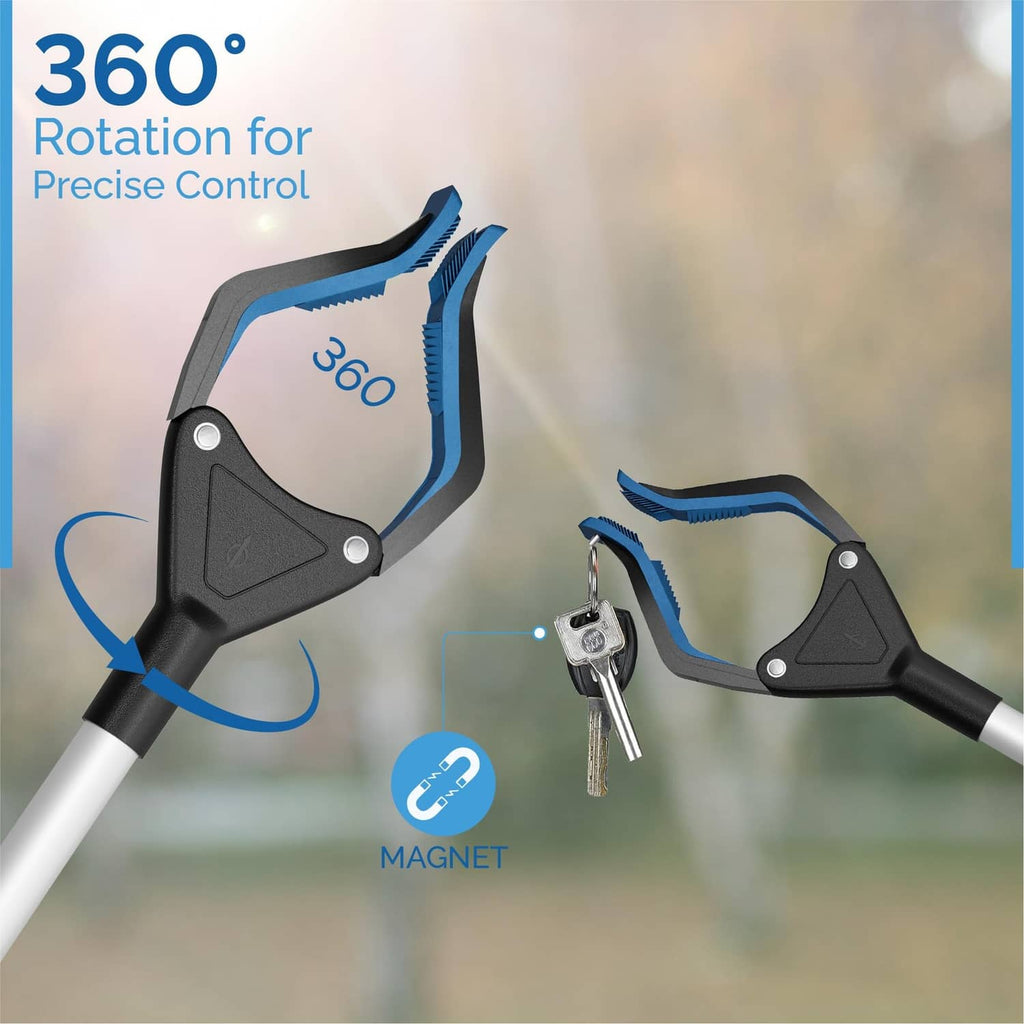 Wide-jaw grabber reacher with rotating claw and magnet key holder