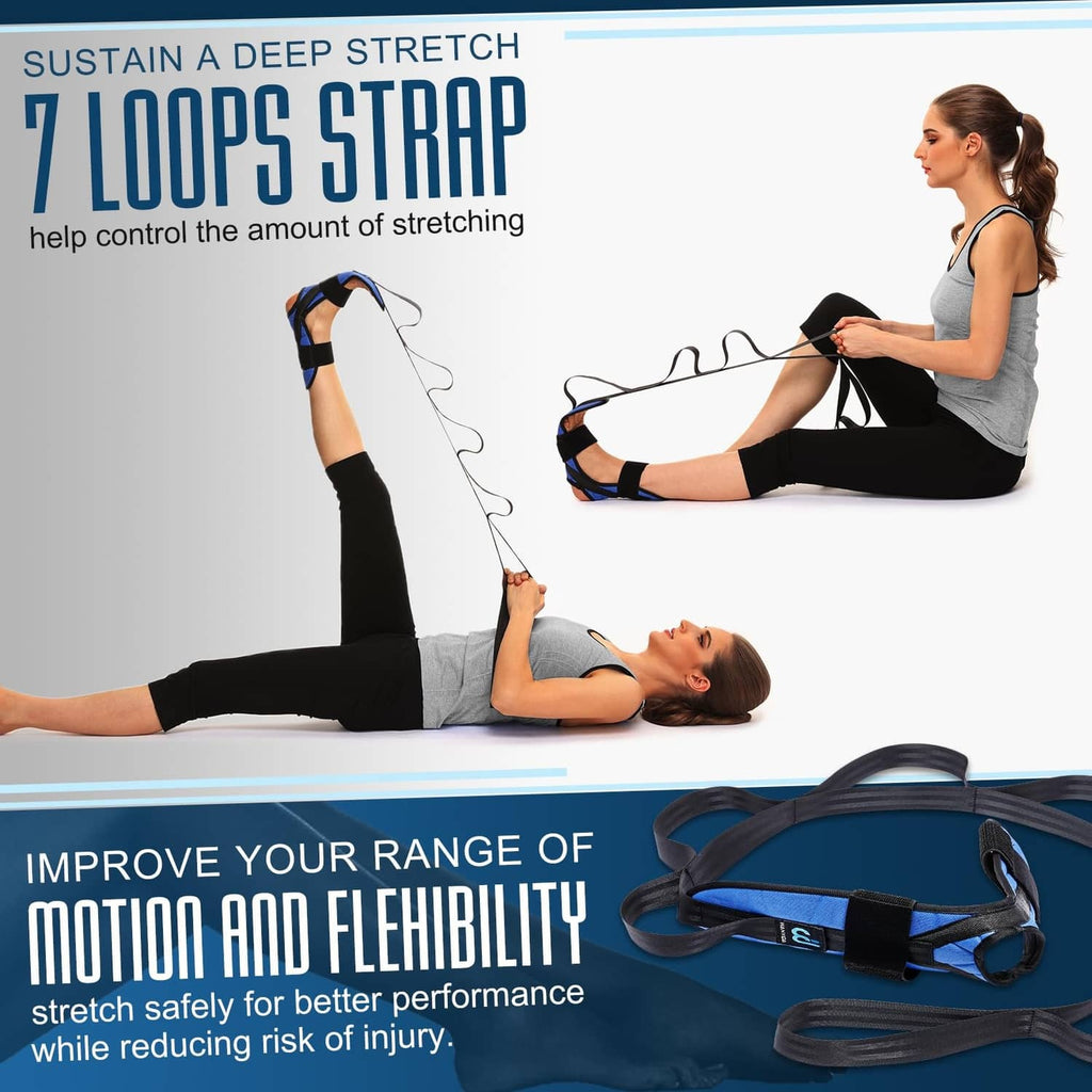 Blue foot stretcher strap with long loops and ankle/foot support pads