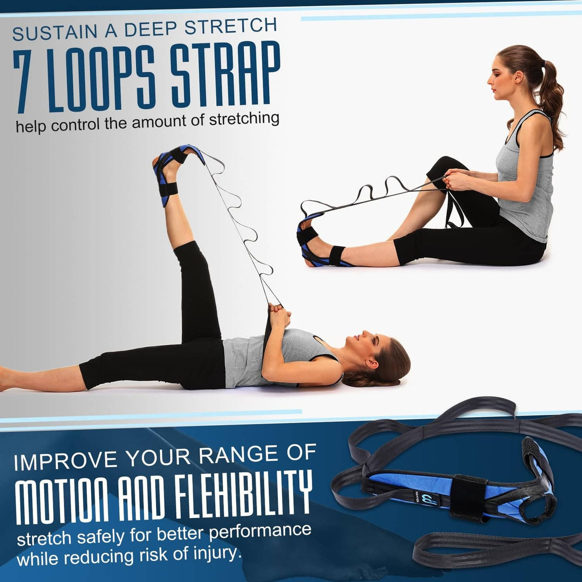 Blue foot stretcher strap with long loops and ankle/foot support pads