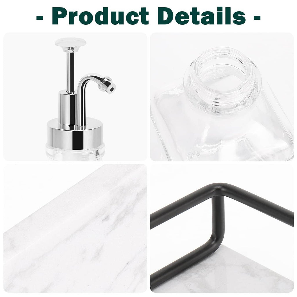 Chrome pump top, clear bottle reservoir, and black tray handle detail