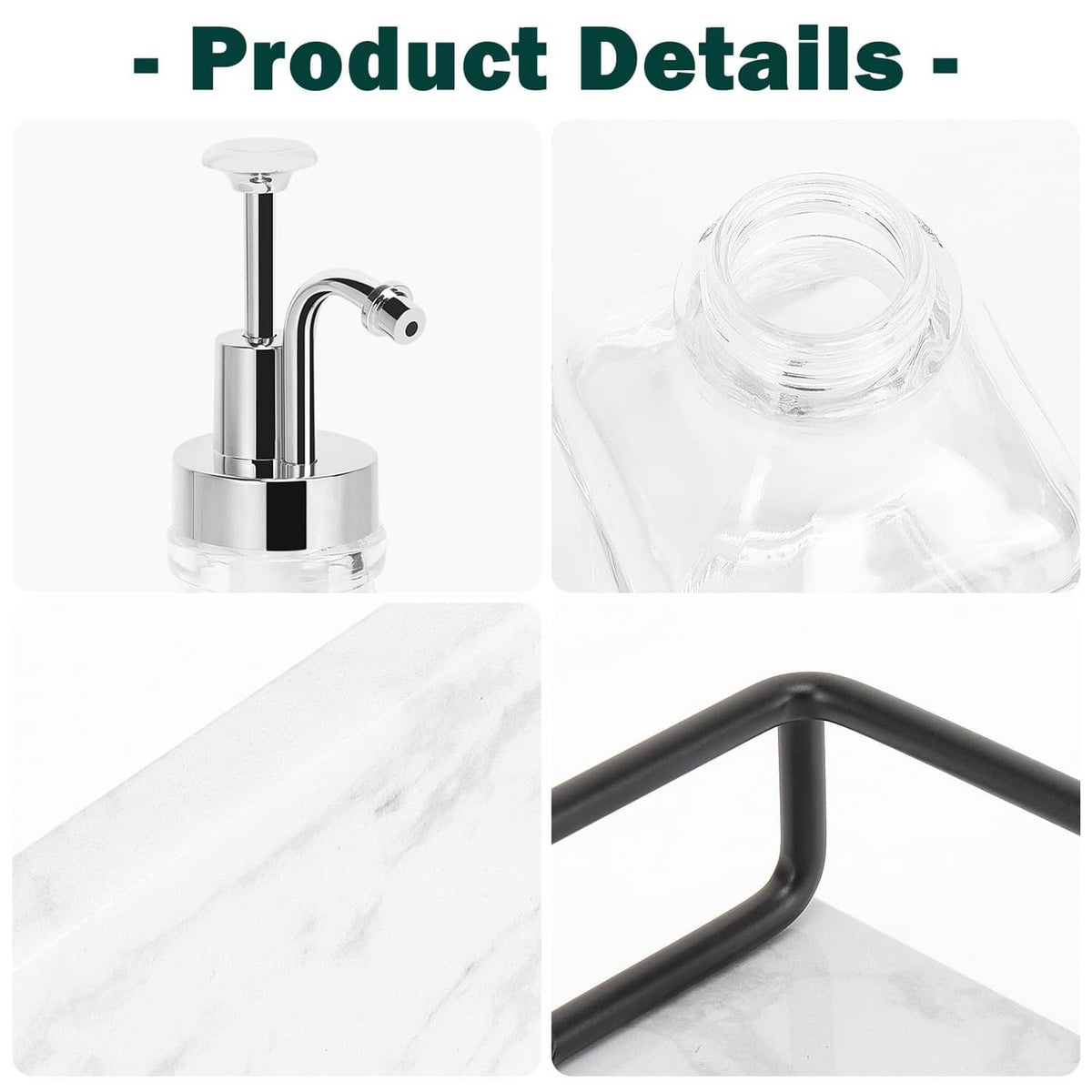 Chrome pump top, clear bottle reservoir, and black tray handle detail