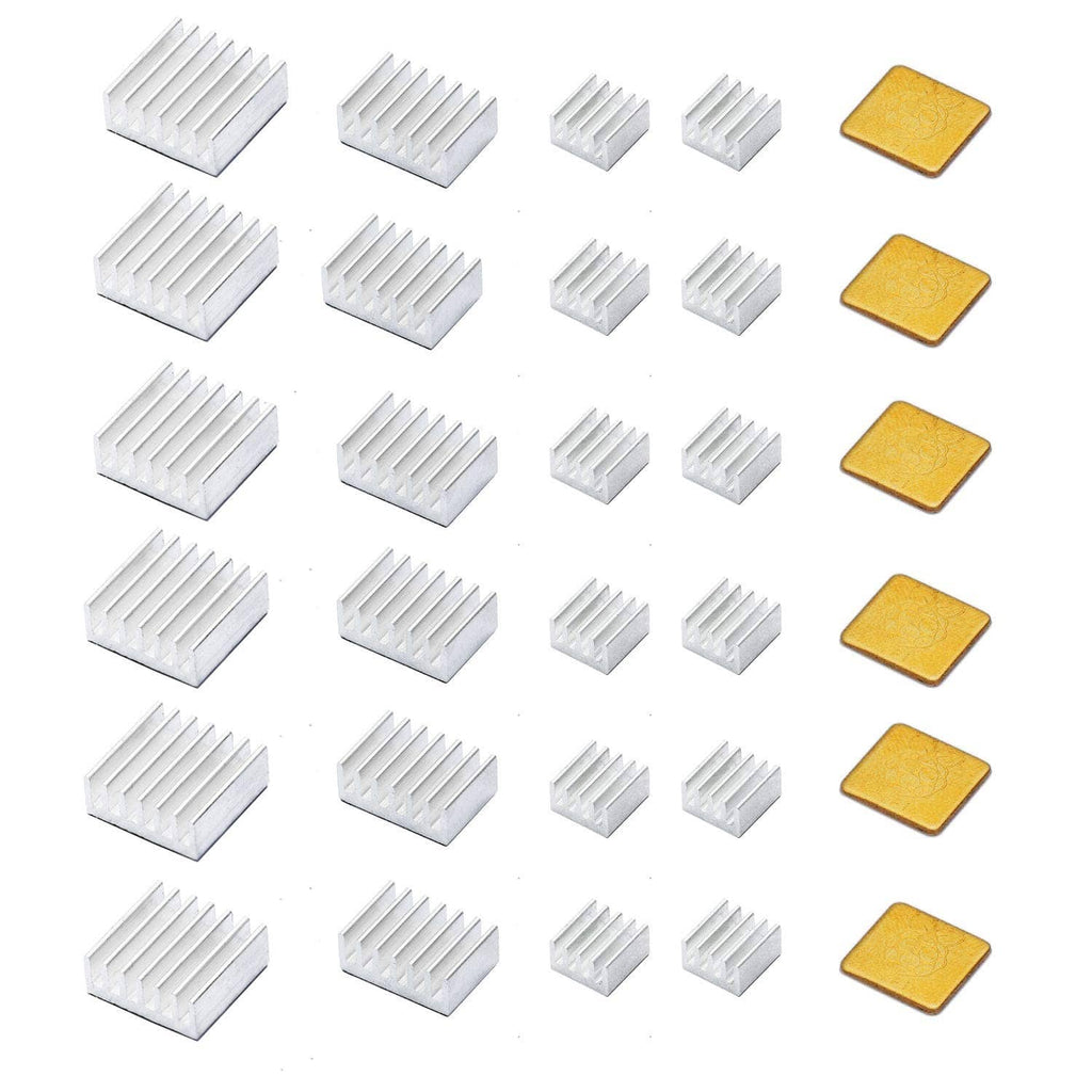 Raspberry Pi 4 aluminum heatsinks and yellow thermal pads (30-piece kit)