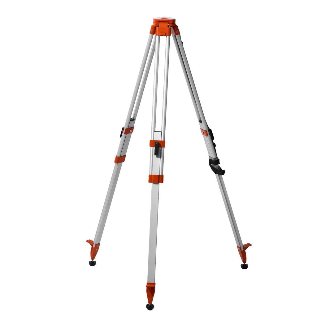 Laser level tripod stand with extended silver legs and orange locking collars.