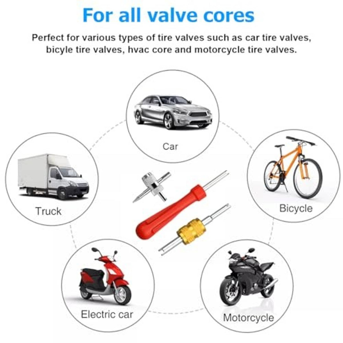 Valve core tool graphic for car, truck, bicycle, and motorcycle