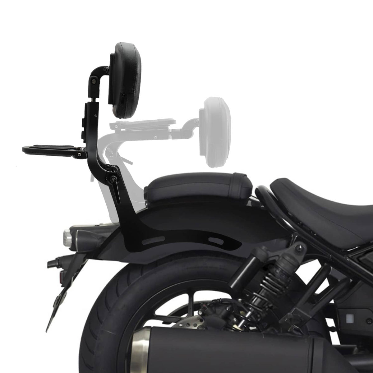 Black passenger sissy bar and backrest installed on a cruiser motorcycle seat.