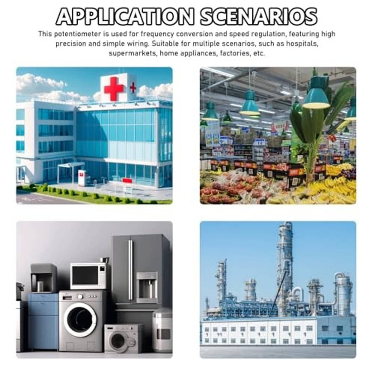 Variable speed drive potentiometer application scenarios collage with frequency control context