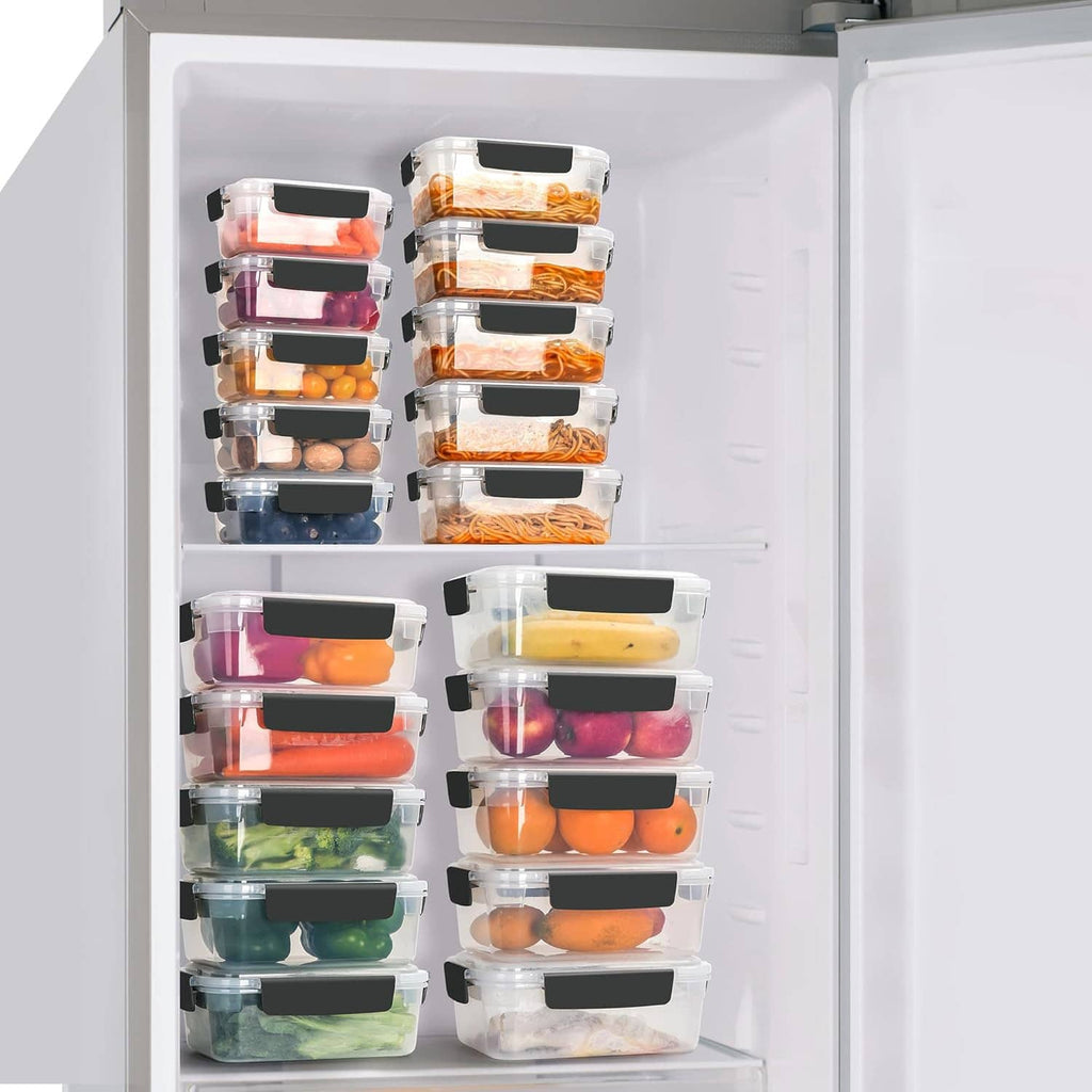 Clear plastic food storage containers with black latch lids inside refrigerator