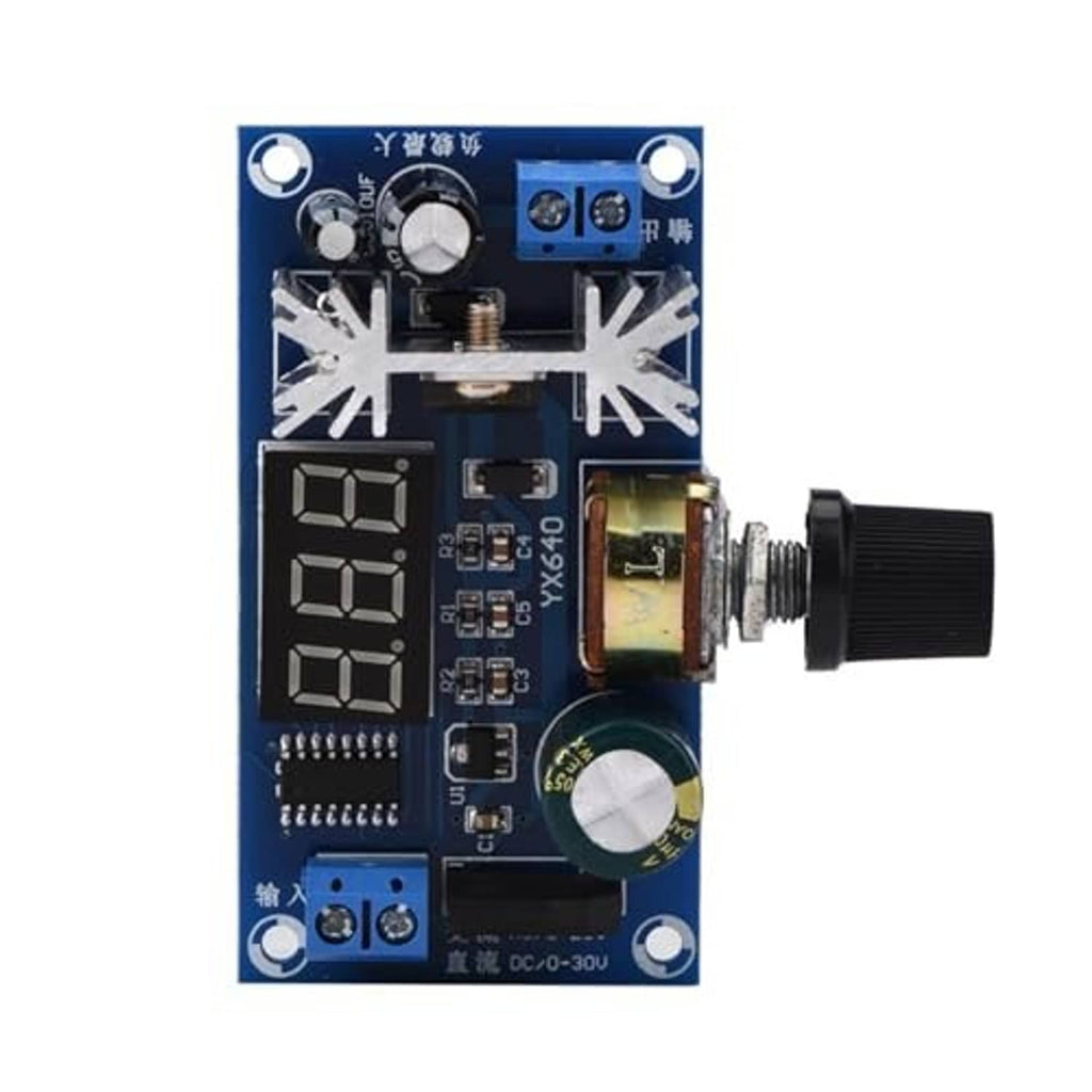 Voltage regulator module front view with blue PCB, three-digit LED display, and control components