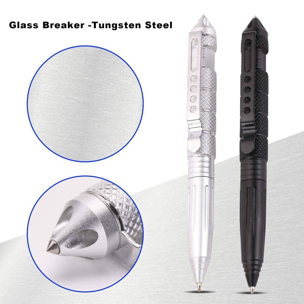 Silver and black tactical pen with metal glass-breaker tip detail