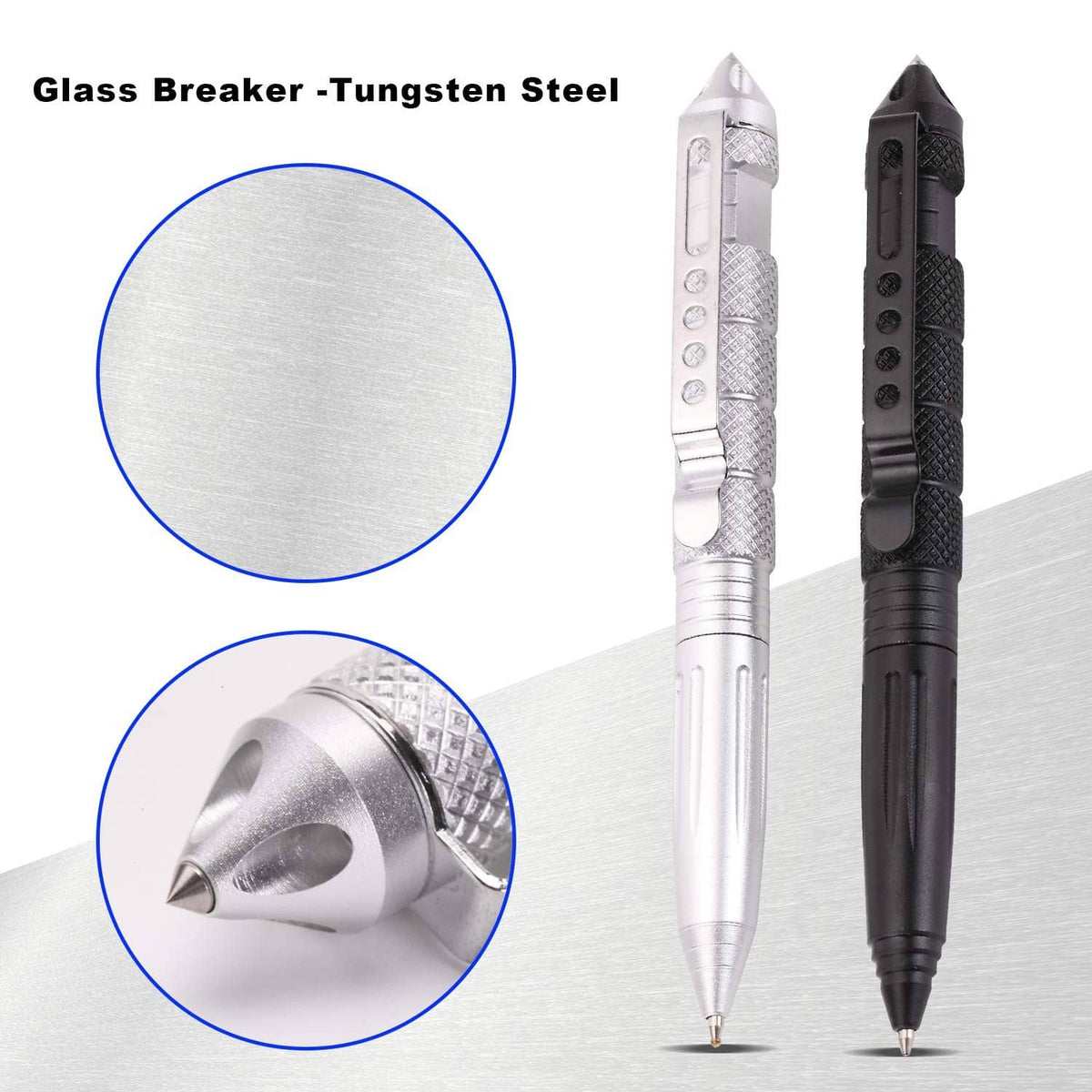 Silver and black tactical pen with metal glass-breaker tip detail