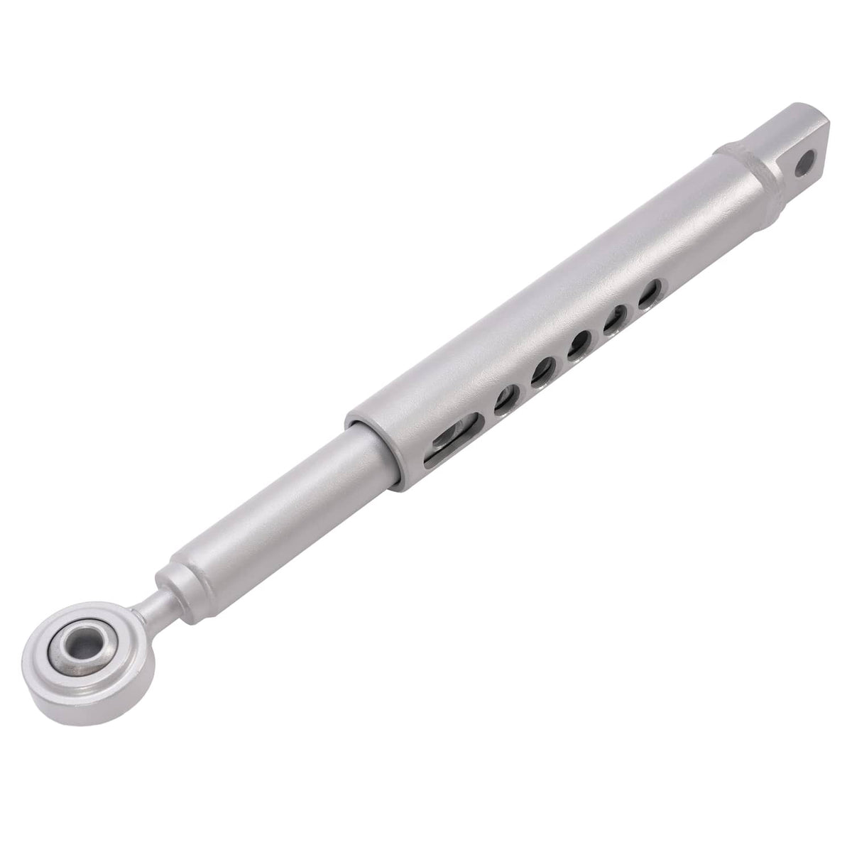 3-point lift hitch stabilizer bar with pivot ends and central sleeve, silver metal