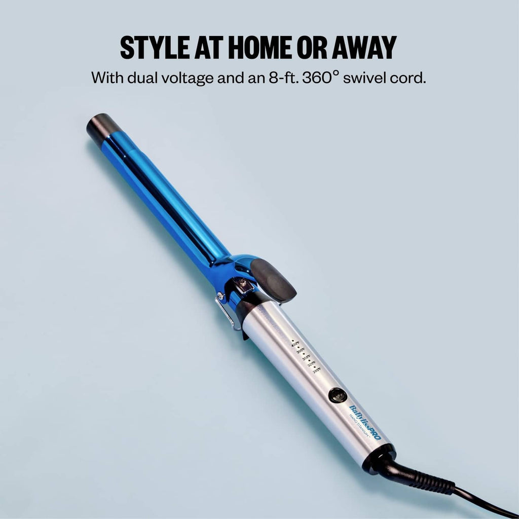 BaBylissPRO 1-inch curling iron lying at an angle, blue and silver barrel