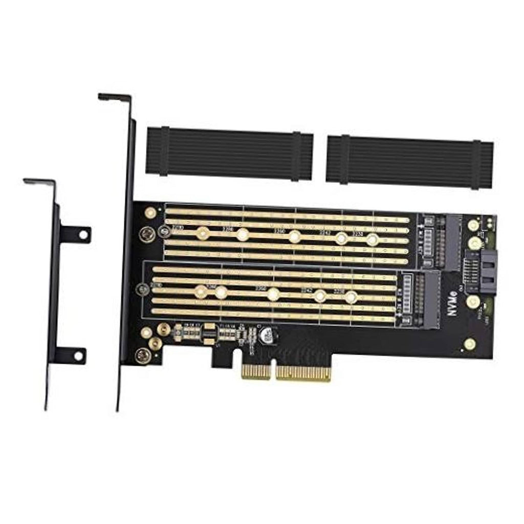 PCIe dual M.2 SSD adapter card with aluminum heatsinks and mounting bracket