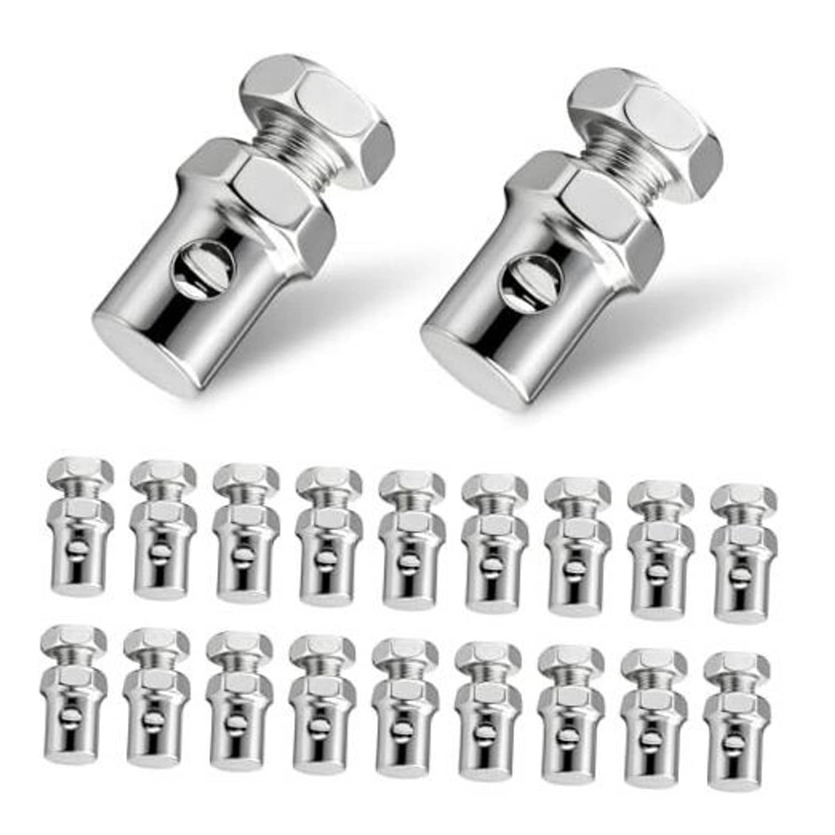 Throttle brake cable ends set with 1/8" stop clamps, silver stainless steel threaded (20 pcs)