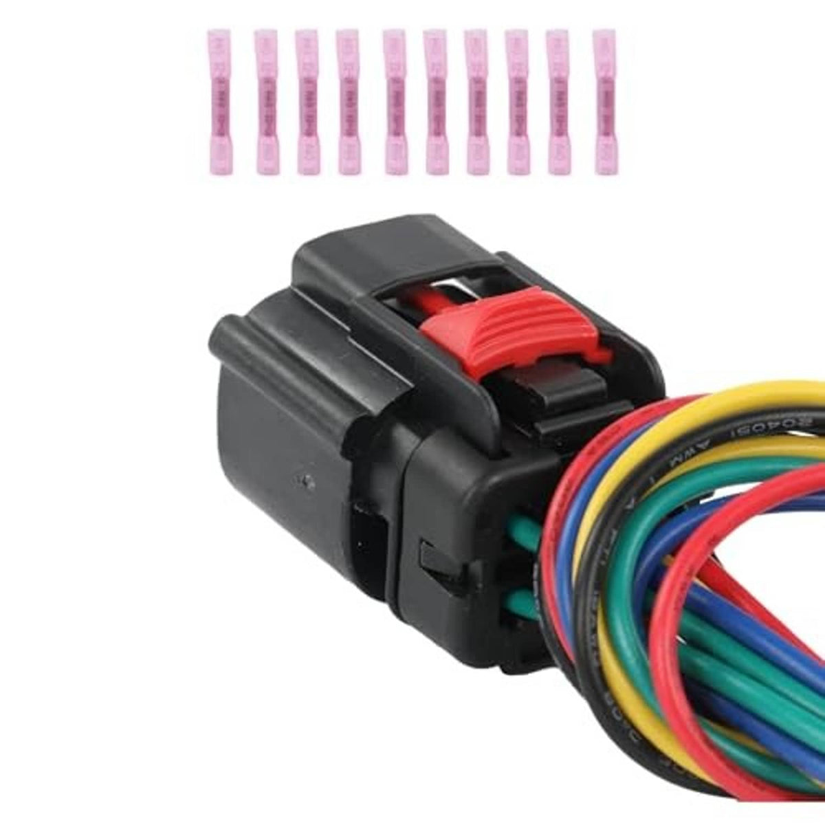 Compact black sensor wiring connector with red latch and multicolor wire leads, pink terminals