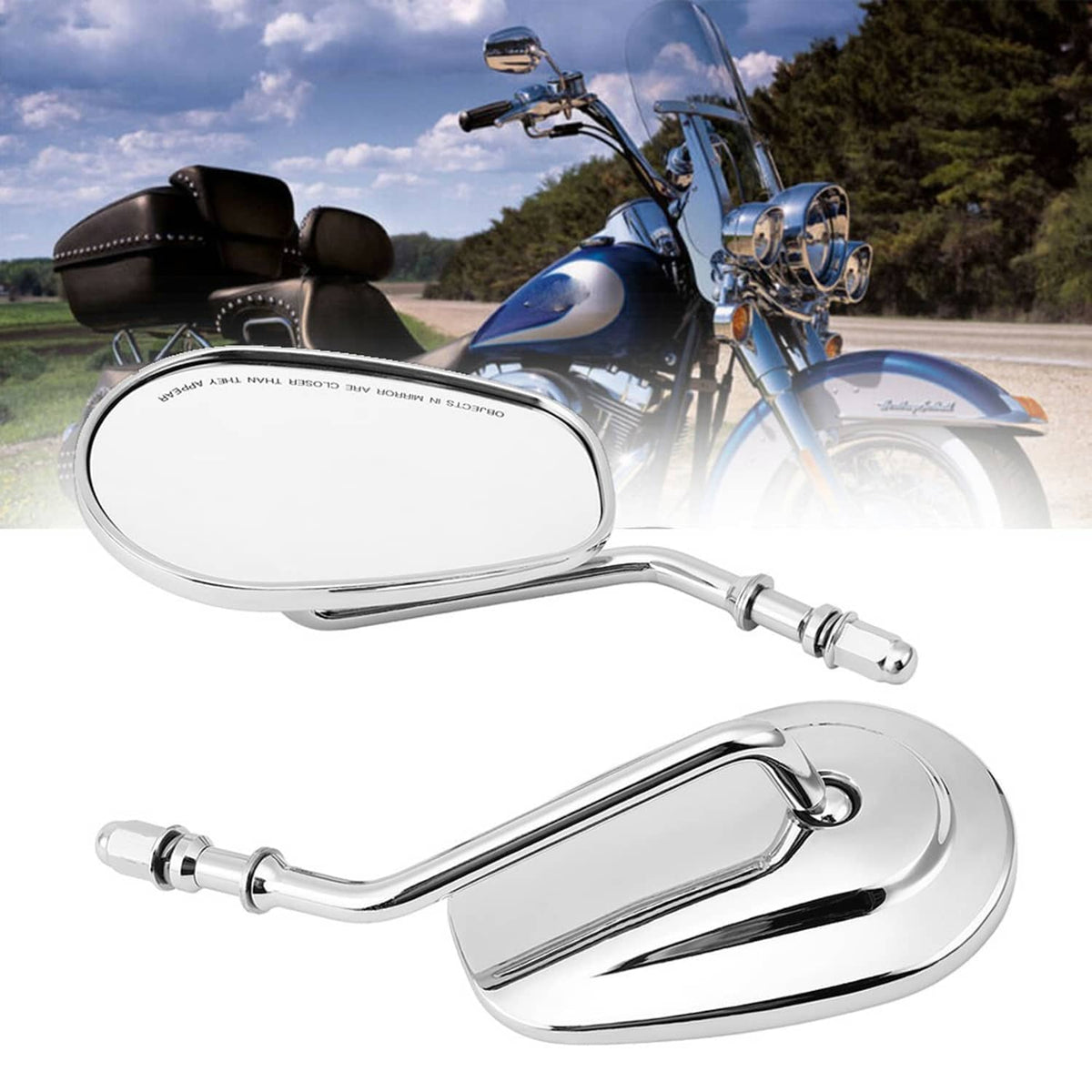 Chrome teardrop rearview side mirror set with long stems and mounting nuts