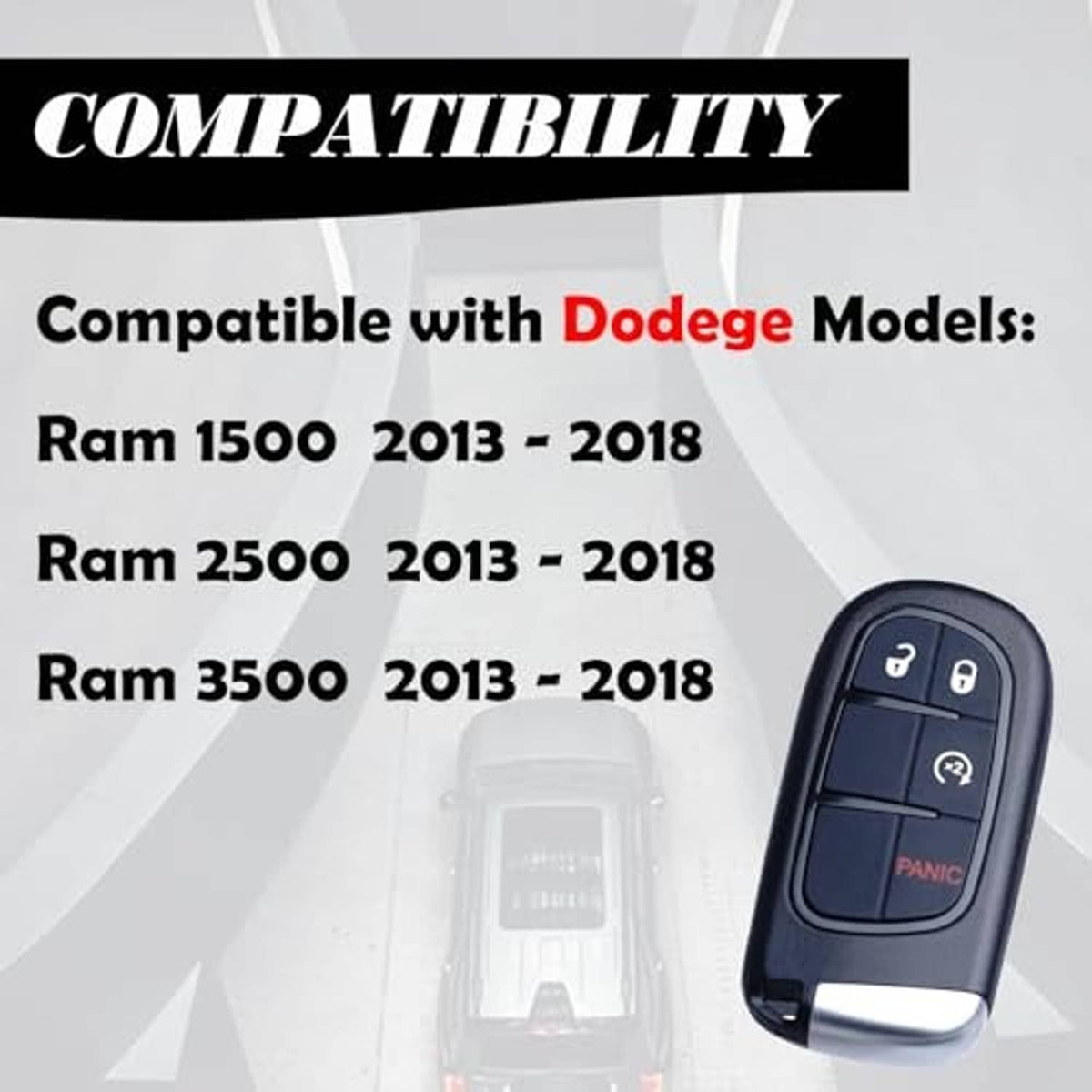 Key fob compatibility graphic; shows compatible Dodge Ram models and a pictured fob.