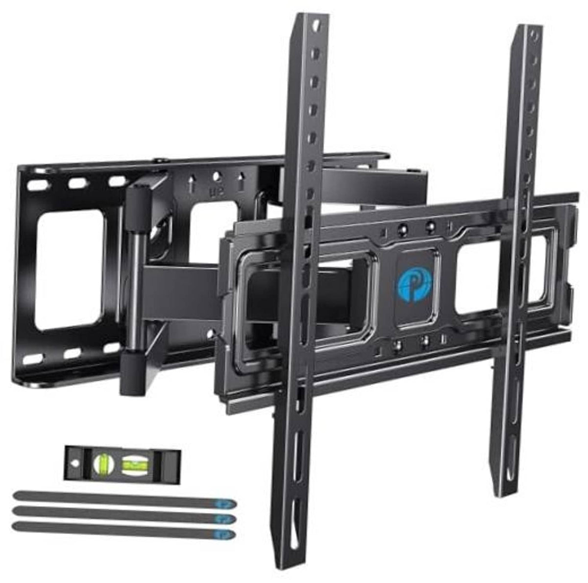 Black TV wall mount bracket with two vertical rails and mounting hardware kit.