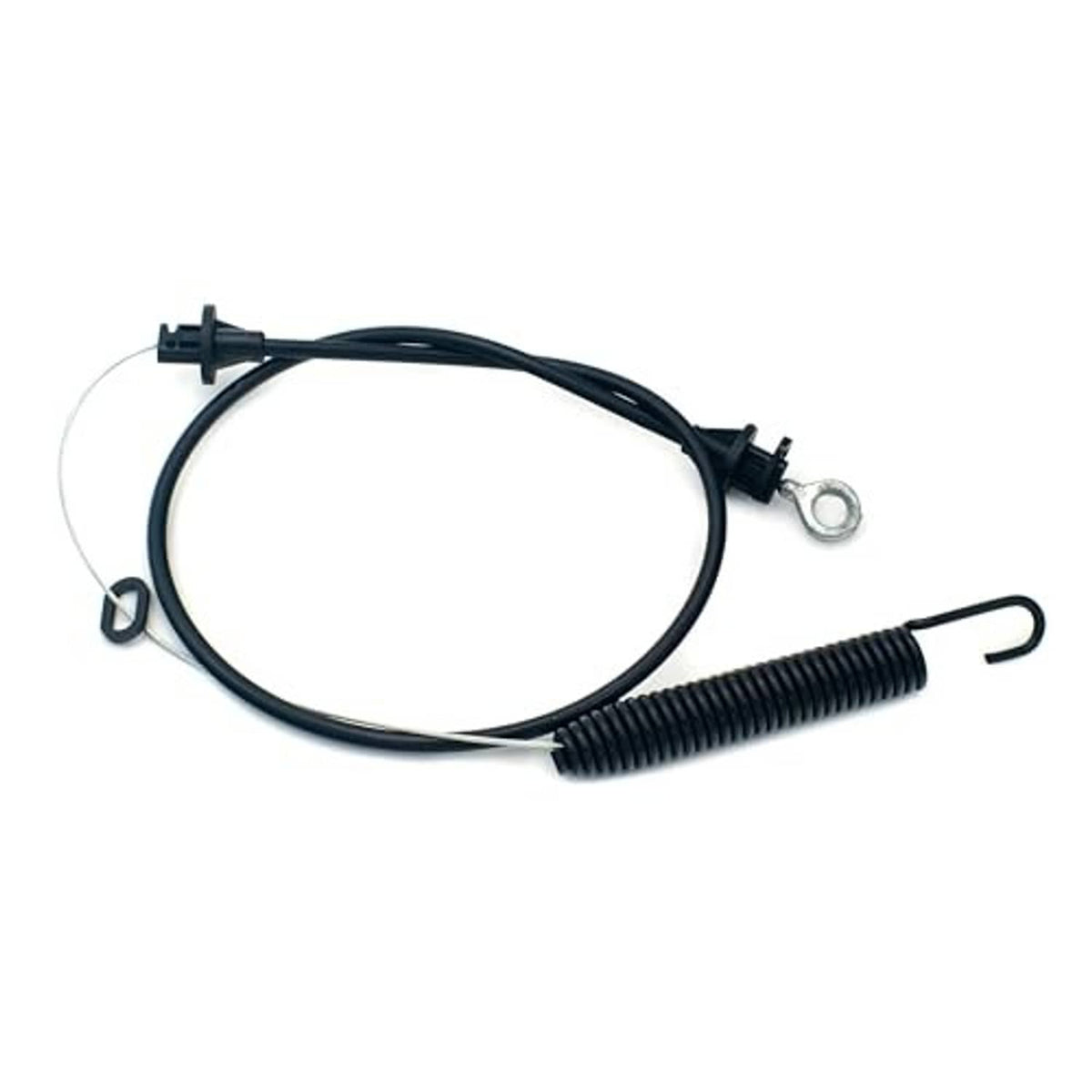 Black deck engagement cable with spring coil section and ring terminal, looped wire harness