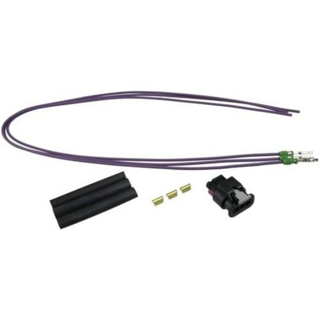 Wiring harness pigtail with purple leads, green terminals, and connector parts
