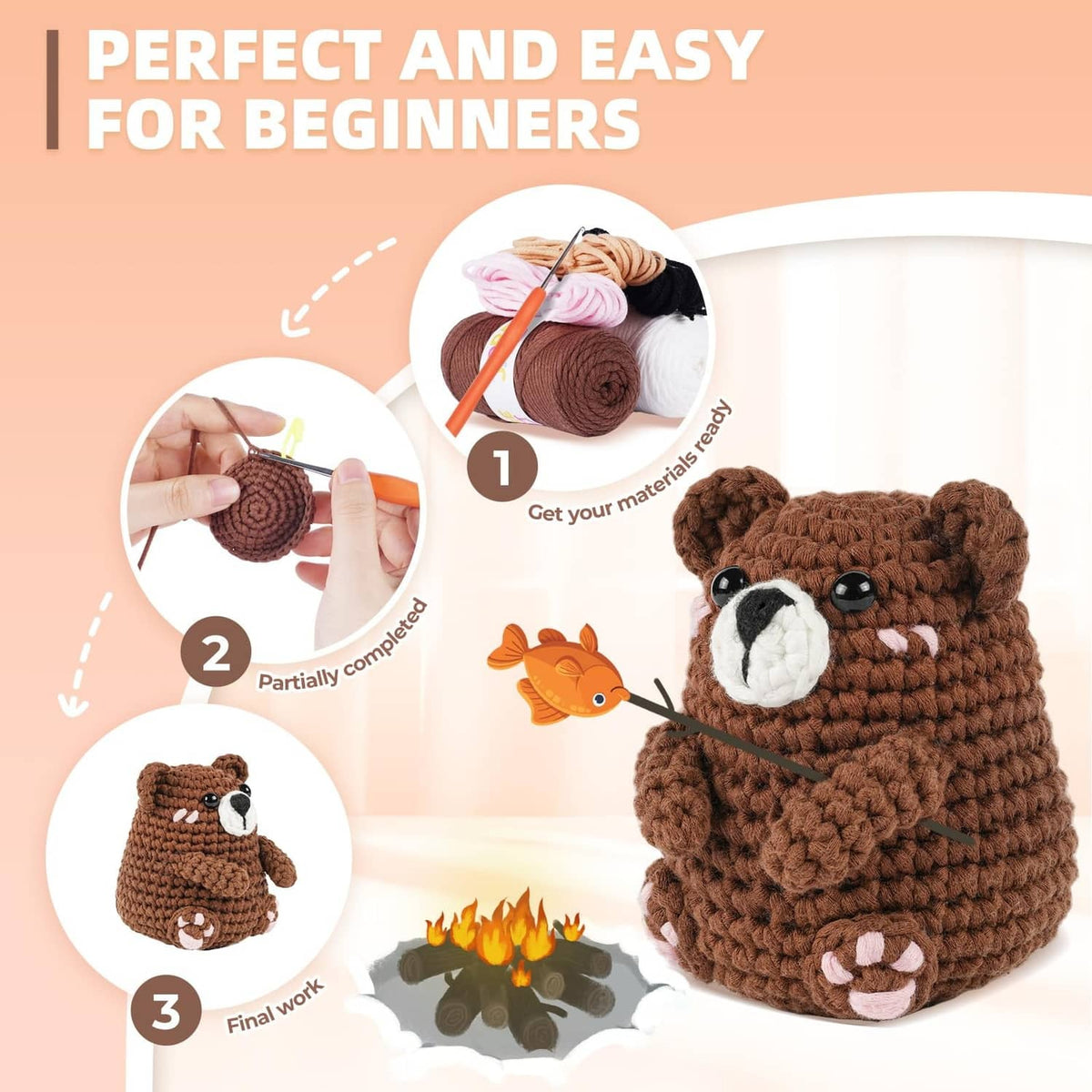 Crochet bear kit for beginners with brown bear plush and yarn preparation