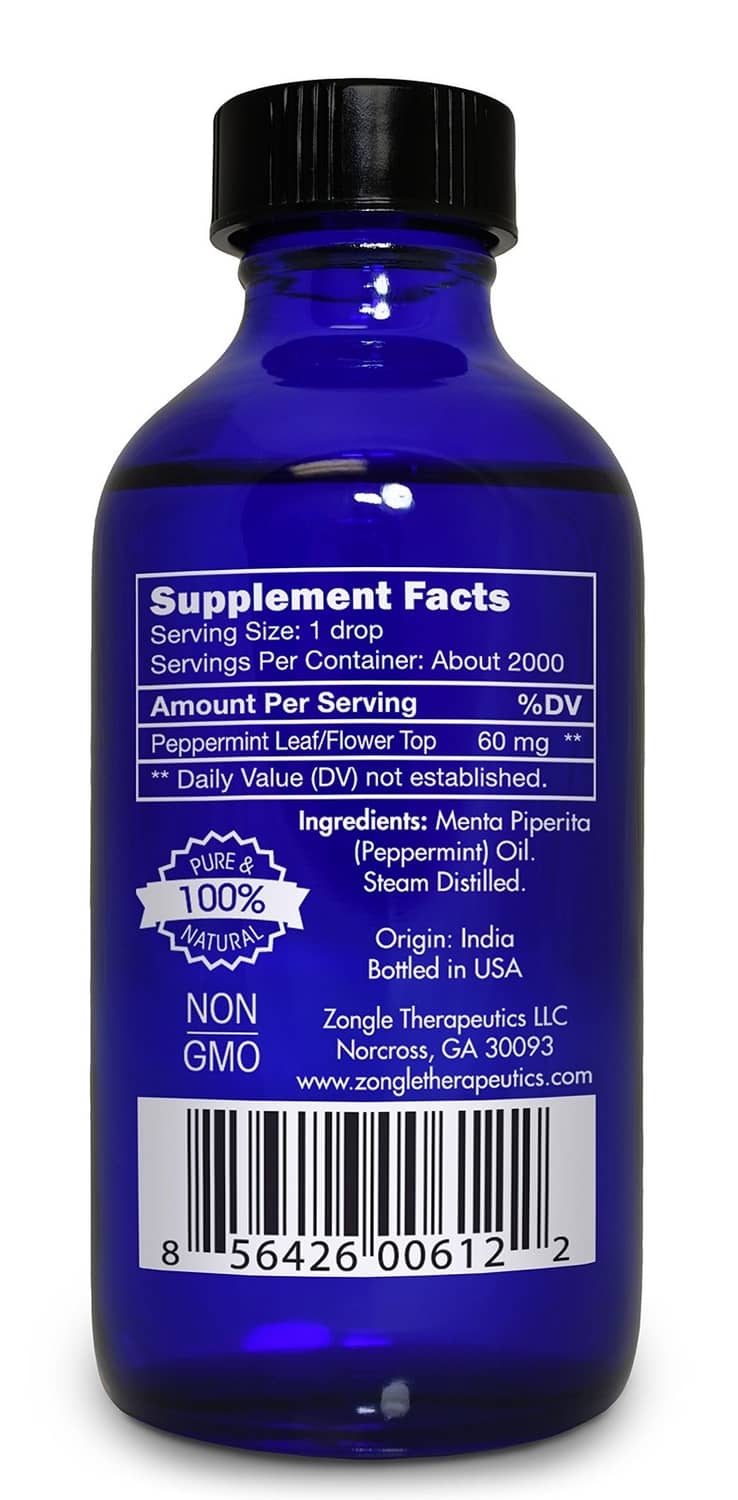 Blue essential oil bottle bottom label with Supplement Facts and barcode