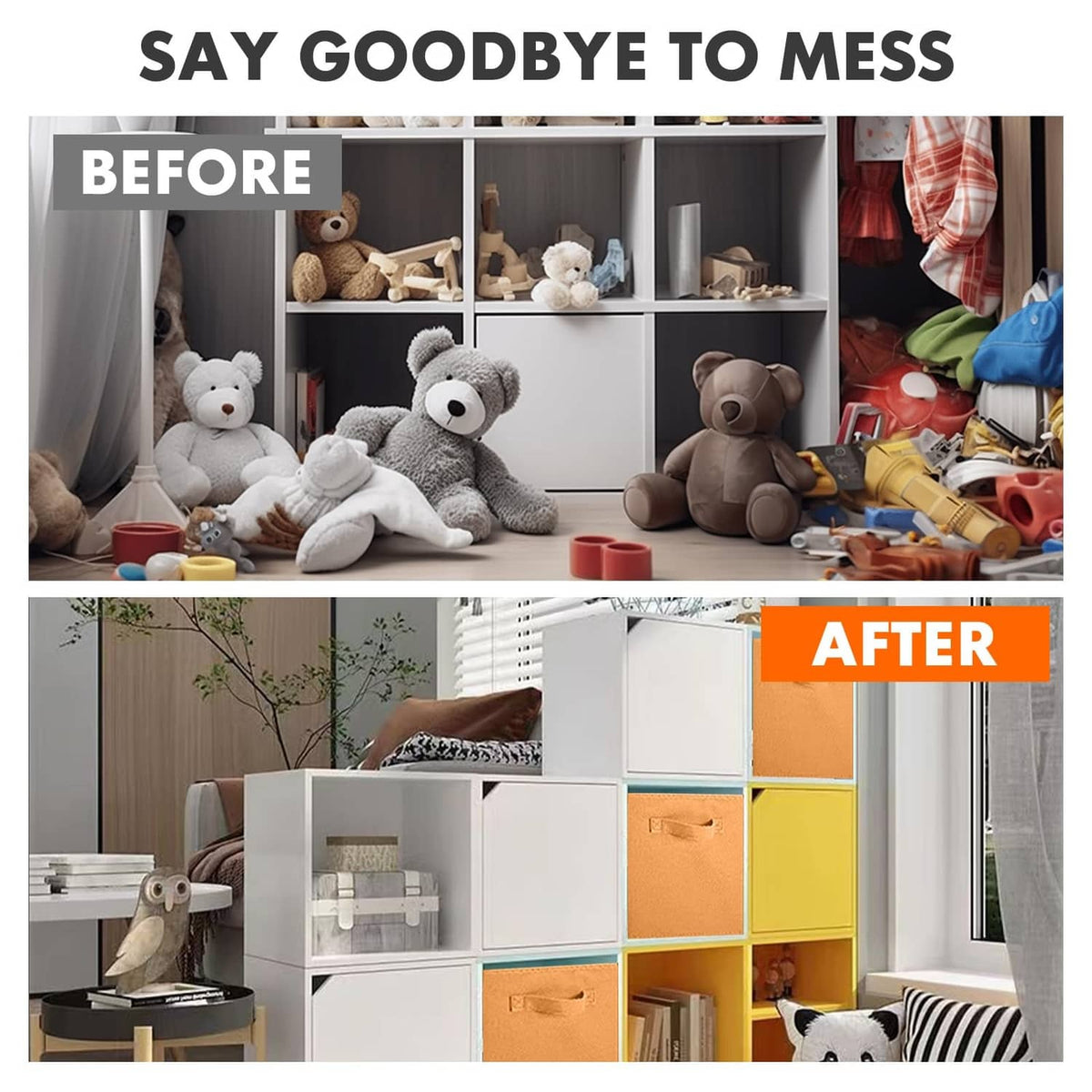Orange fabric storage bins arranged in a cubby, handles on square cube fronts