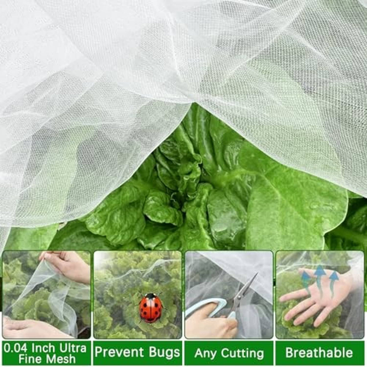Translucent fine mesh netting covering bright green leafy plants