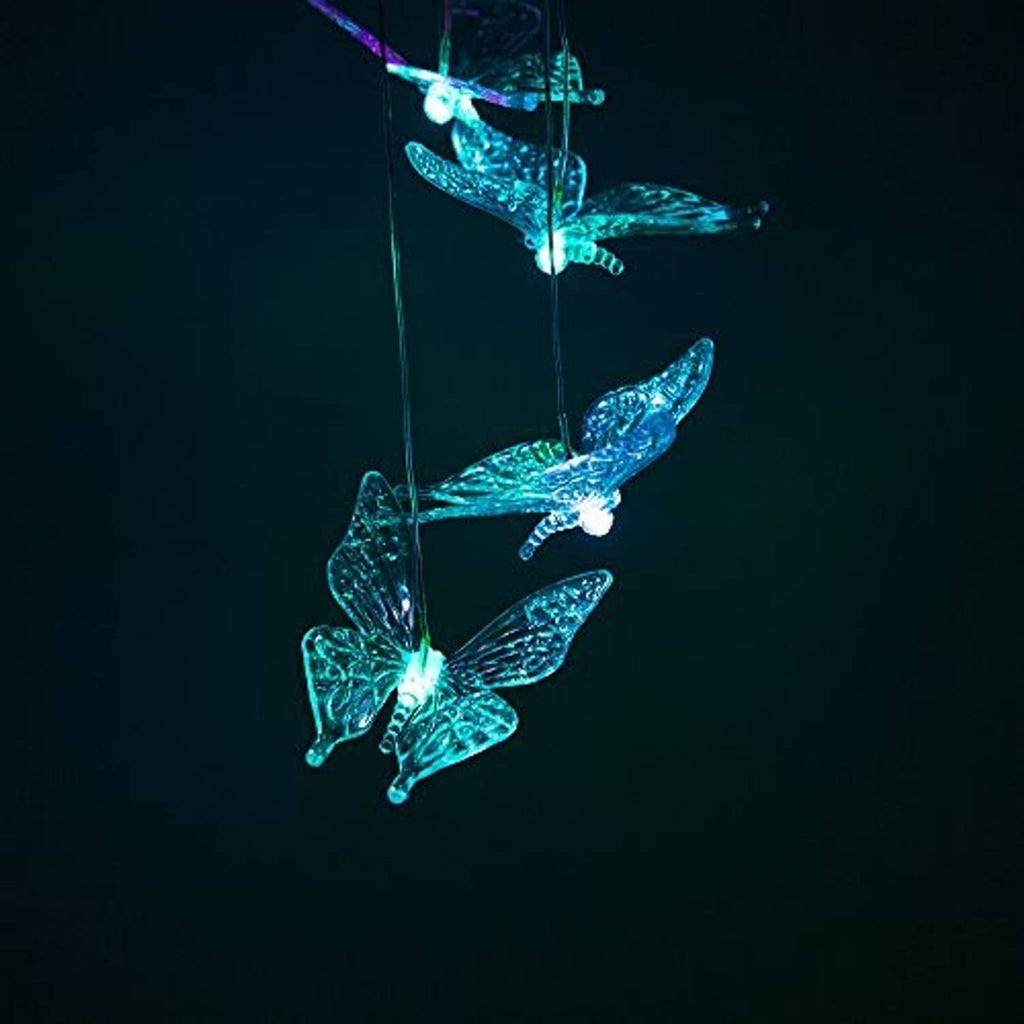 Blue glowing butterfly wind chime mobile with lighted hanging butterflies