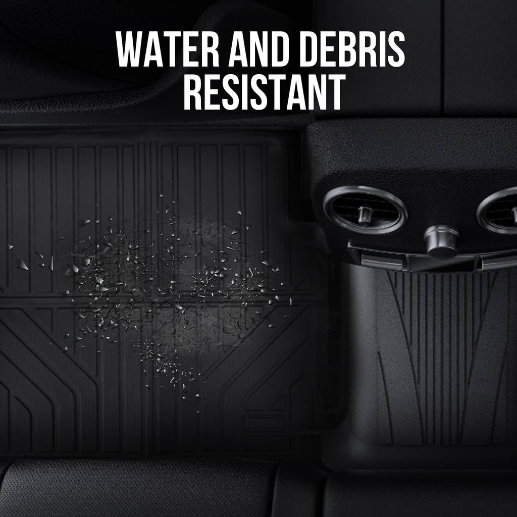 Black molded floor mat surface with raised ridges for interior coverage