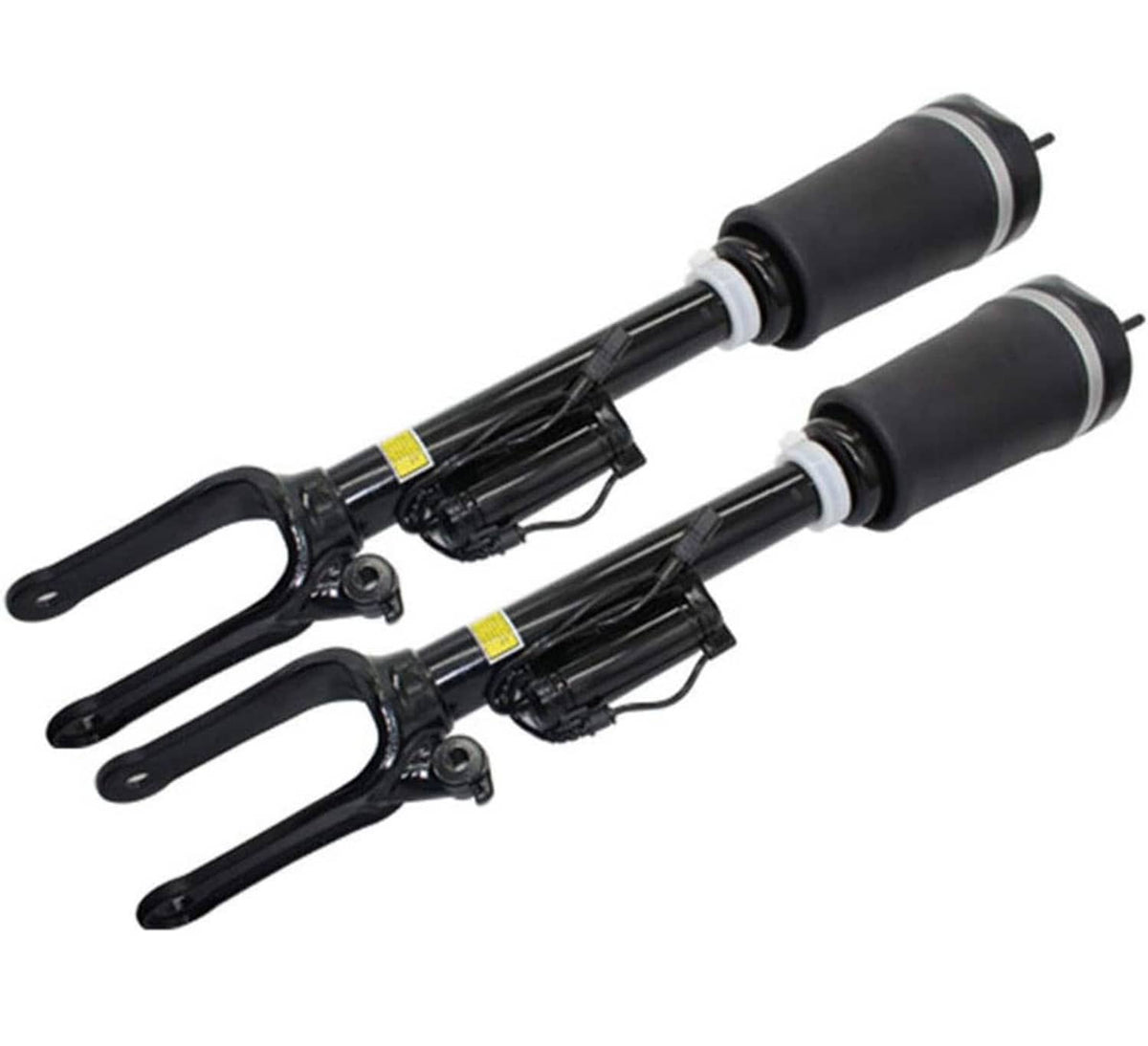 Air suspension strut pair with black air bellows and fork-style lower control arms