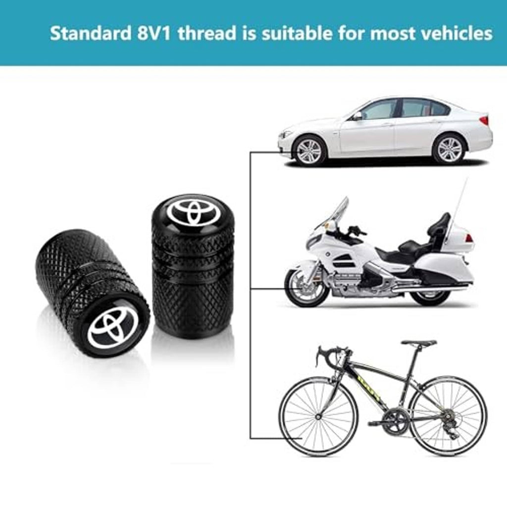 Black valve stem caps with Toyota emblem; includes rubber O-ring gasket for sealing