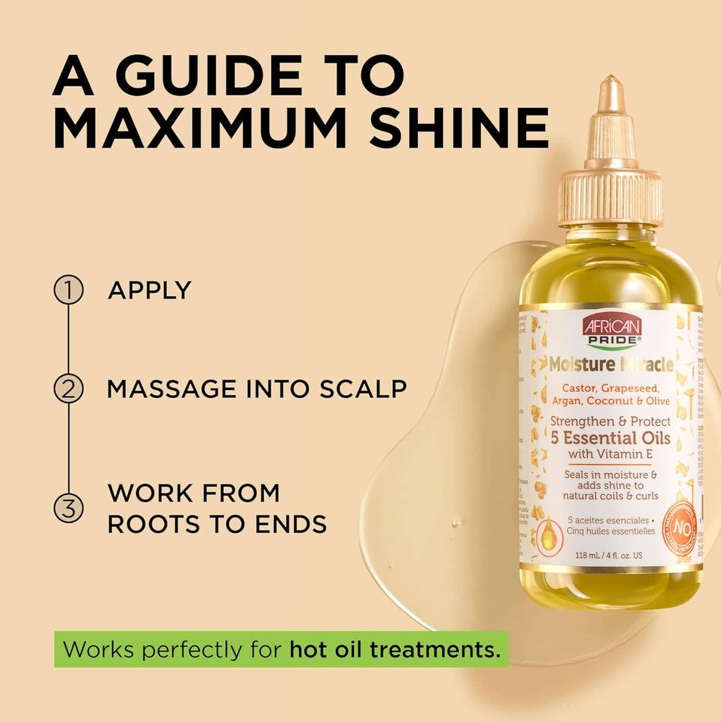 Hair oil maximum shine guide graphic with bottle shown at right