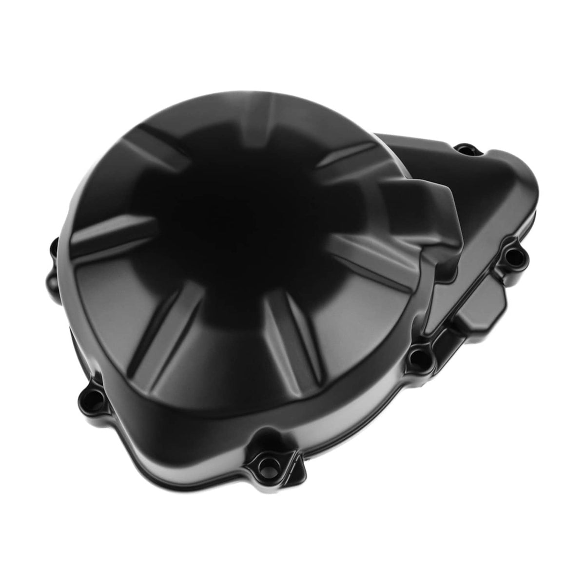 Black left engine crankcase cover with gasket, side casing detail and mounting bolts
