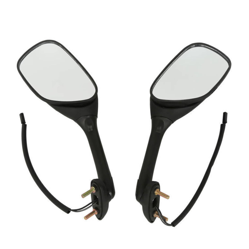Pair of black motorcycle rearview mirrors with amber turn signal housings and connector wiring
