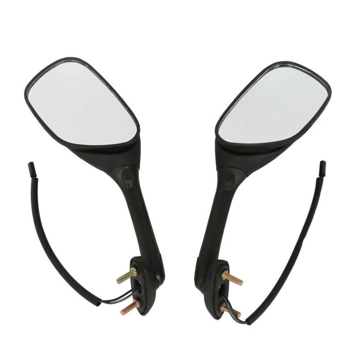 Pair of black motorcycle rearview mirrors with amber turn signal housings and connector wiring
