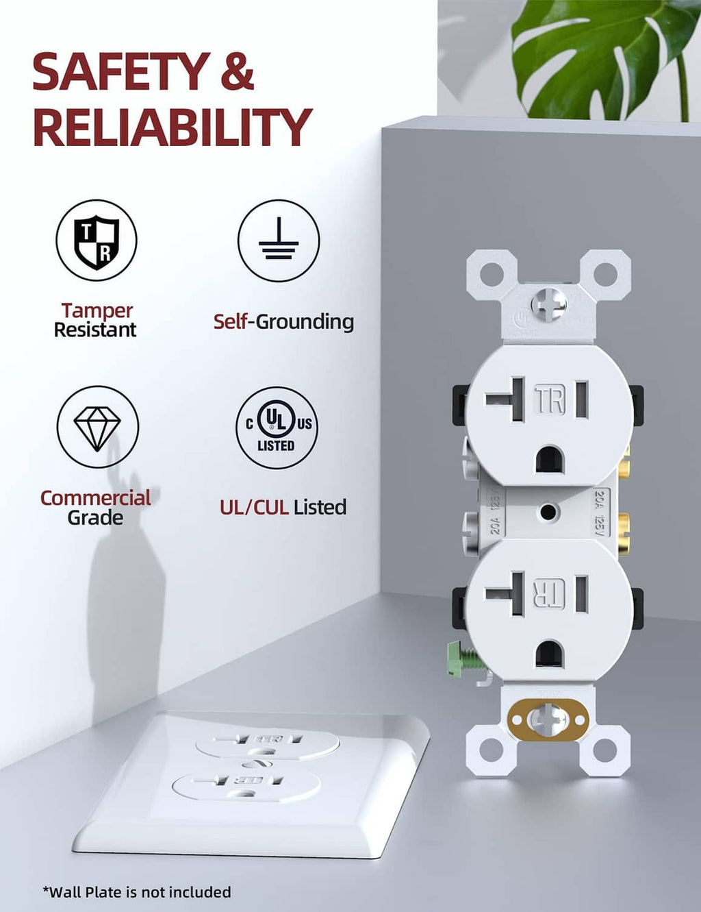 Tamper-resistant duplex electrical receptacle, self-grounding, white