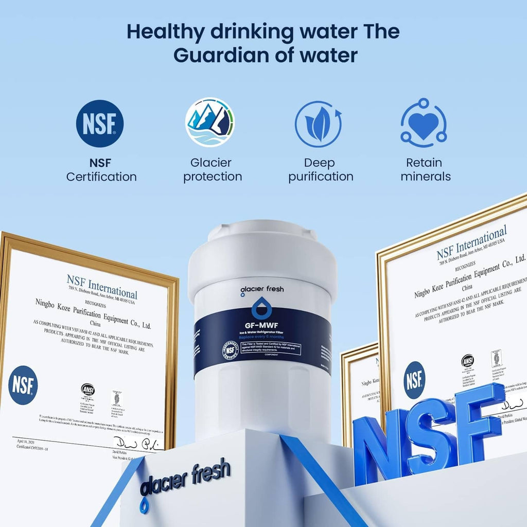 White GF-MWF refrigerator water filter cartridge with certification documents