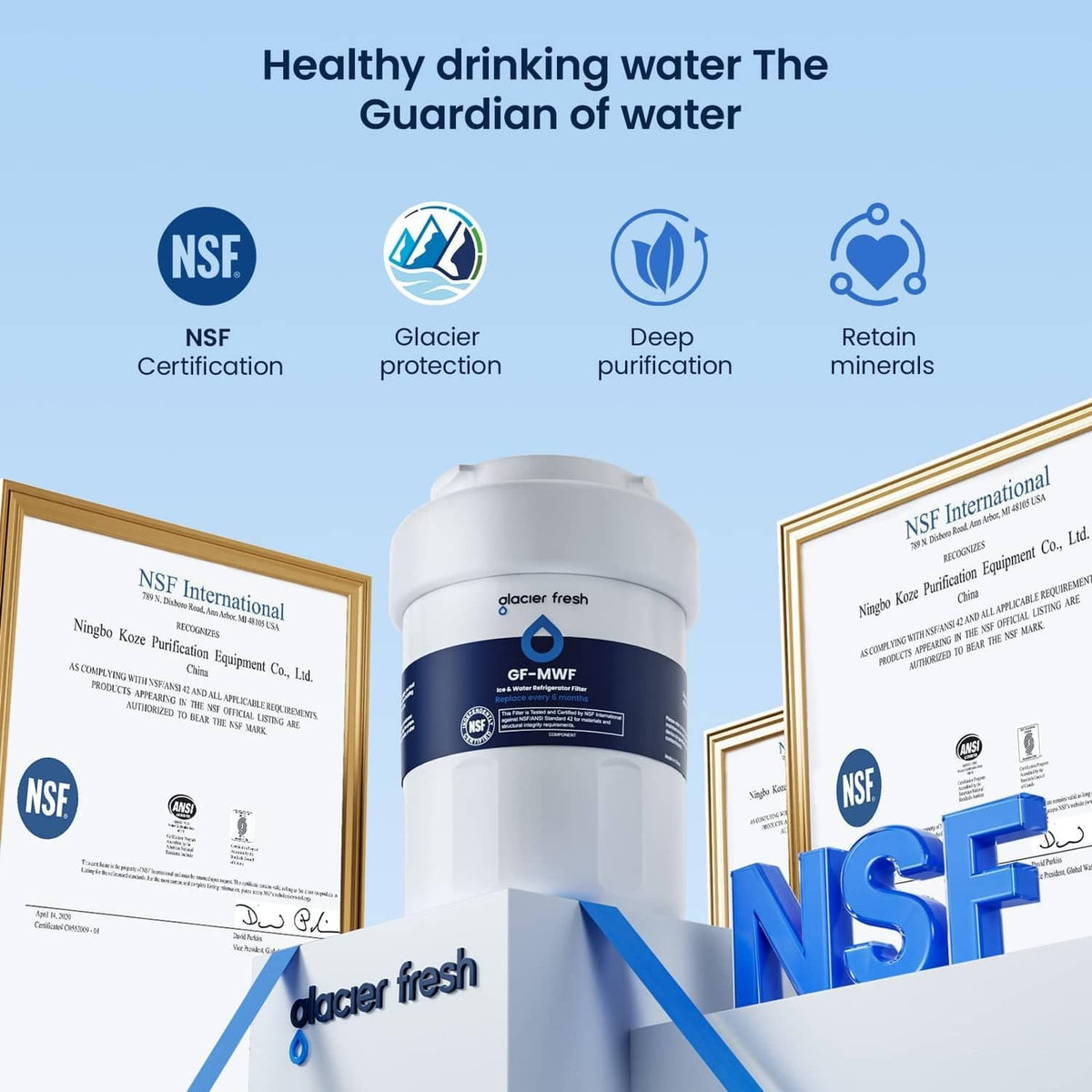 White GF-MWF refrigerator water filter cartridge with certification documents