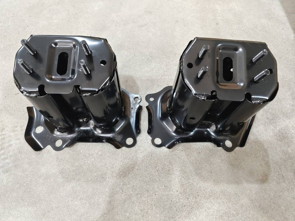 Bumper reinforcement brackets, black metal plates with bolt posts and tabs
