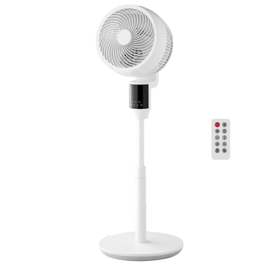 White 9-inch pedestal fan with round grille, black control panel, and stand base